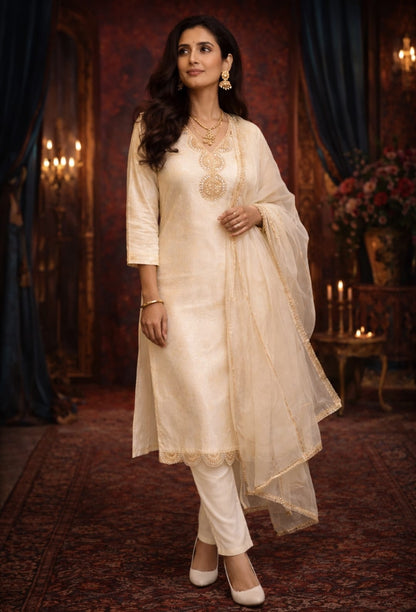 Self print Jacard fabric white suit