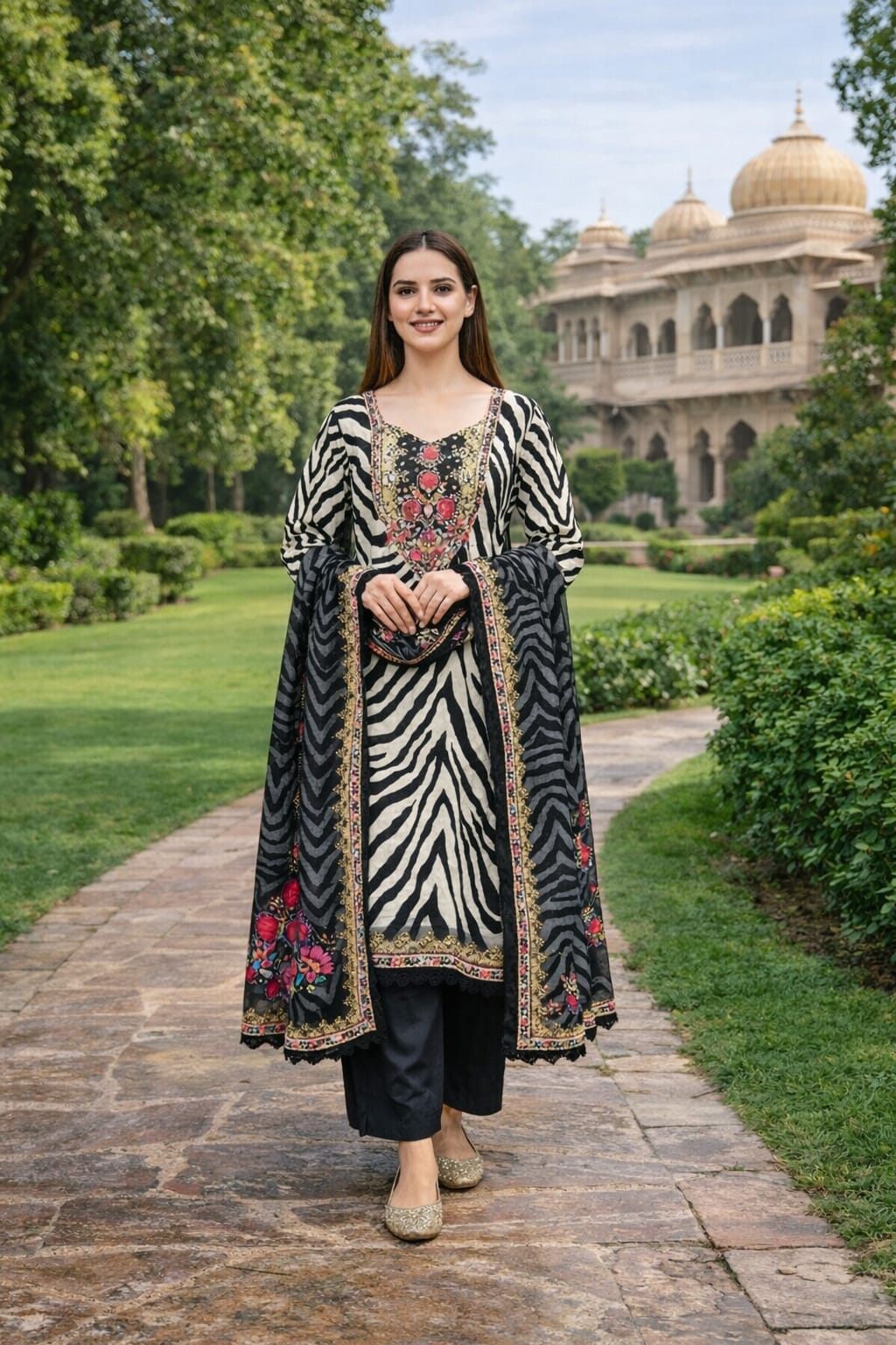 Sophisticated Zebra Print Suit with Embroided Neckline Work
