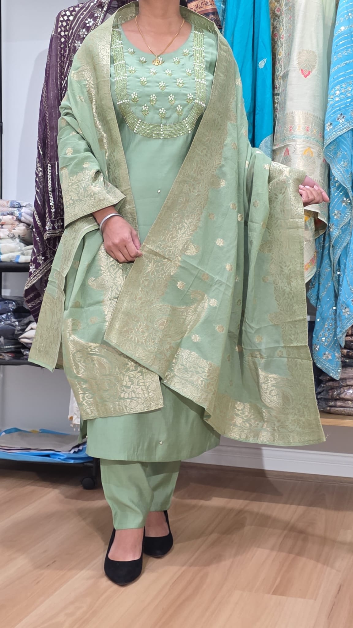Light Green colour heavily embroidery neck with Banarsi style dupatta
