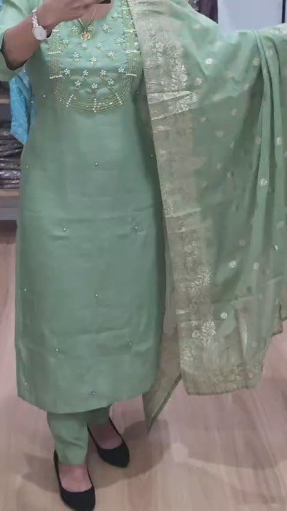 Light Green colour heavily embroidery neck with Banarsi style dupatta