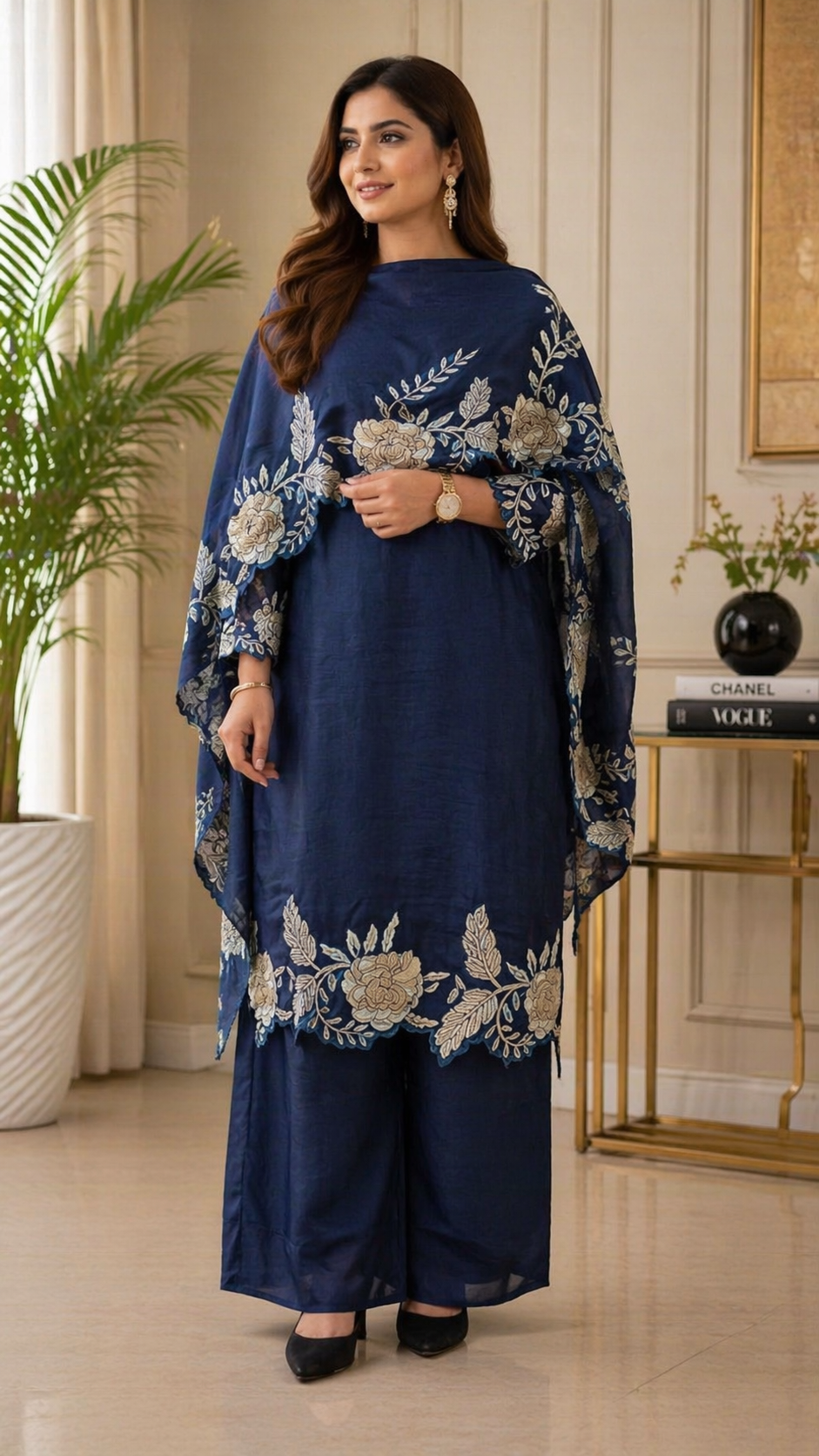 Navy blue suit with cut work