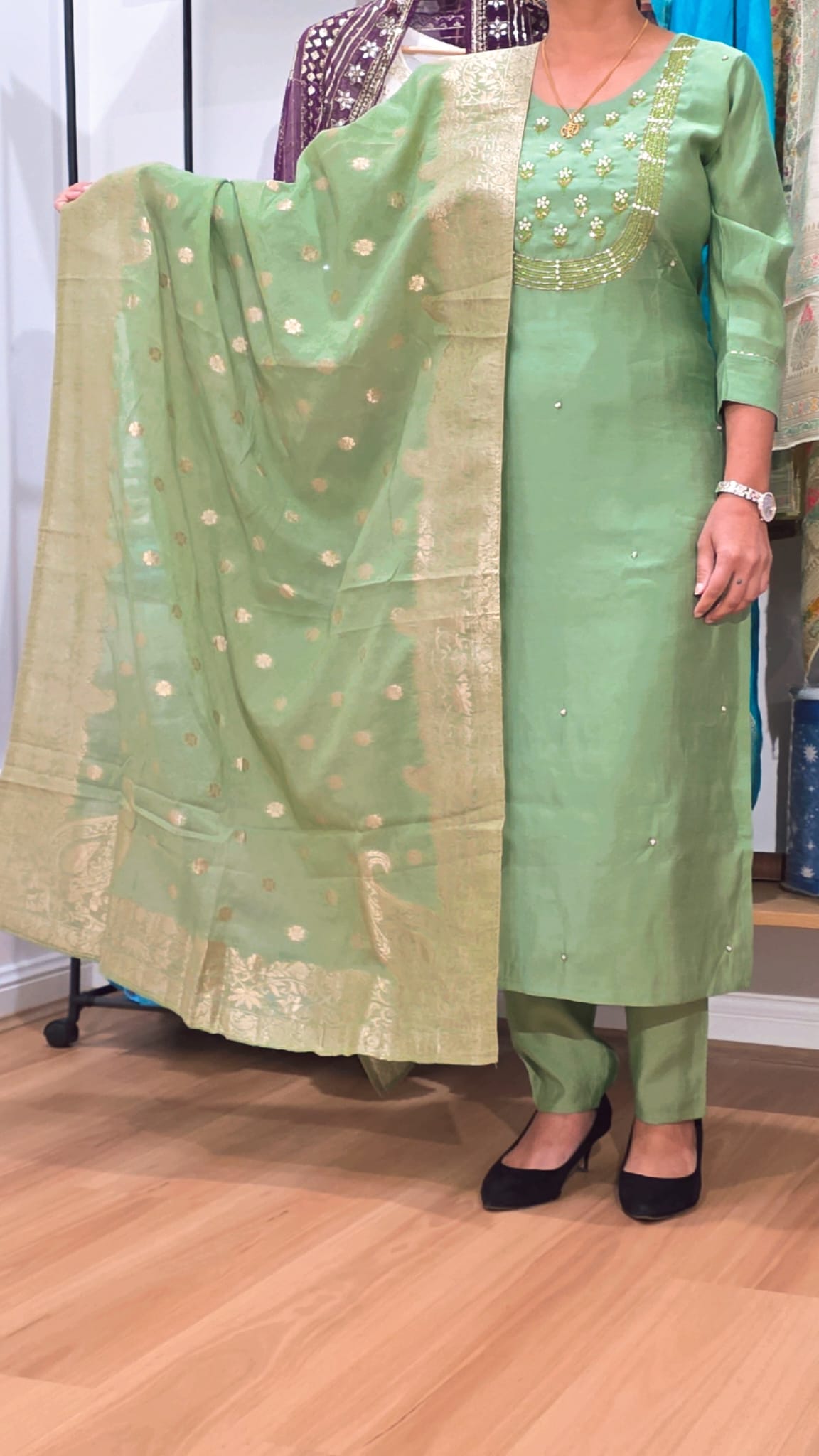 Light Green colour heavily embroidery neck with Banarsi style dupatta
